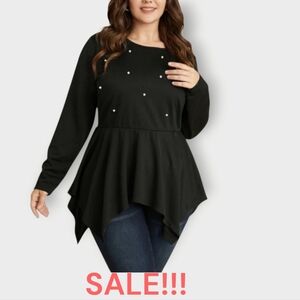 BloomChic, Beaded Pearl, Assymetrical Hem, Long Sleeve Top, Black, Size L